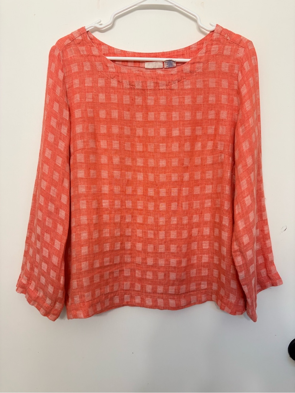 Sigrid Olsen Women’s Large Checker Plaid 100% Linen Tunic Top 3/4 Sleeve Coral